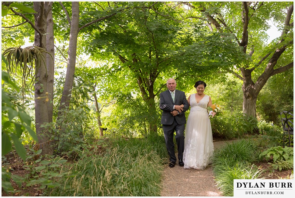 denver botanic gardens wedding colorado woodland mosaic bride walking with father down aisle