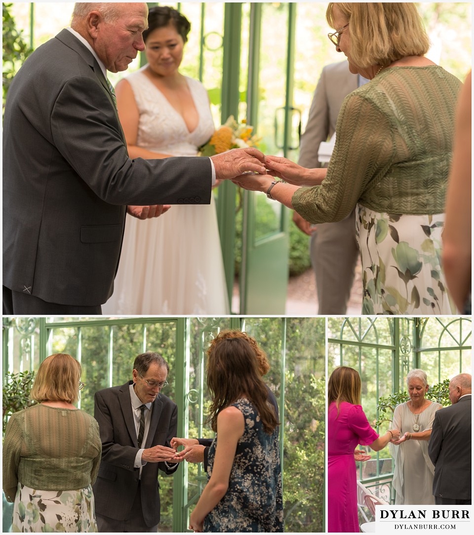 denver botanic gardens wedding colorado woodland mosaic passing rings around during wedding ceremony