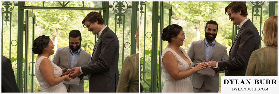 denver botanic gardens wedding colorado woodland mosaic bride groom exchanging rings during wedding ceremony