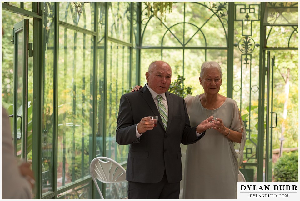 denver botanic gardens wedding colorado woodland mosaic brides parents toasting