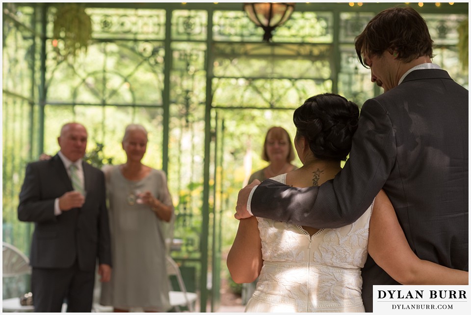 denver botanic gardens wedding colorado woodland mosaic bride groom hearing wedding toasts speeches