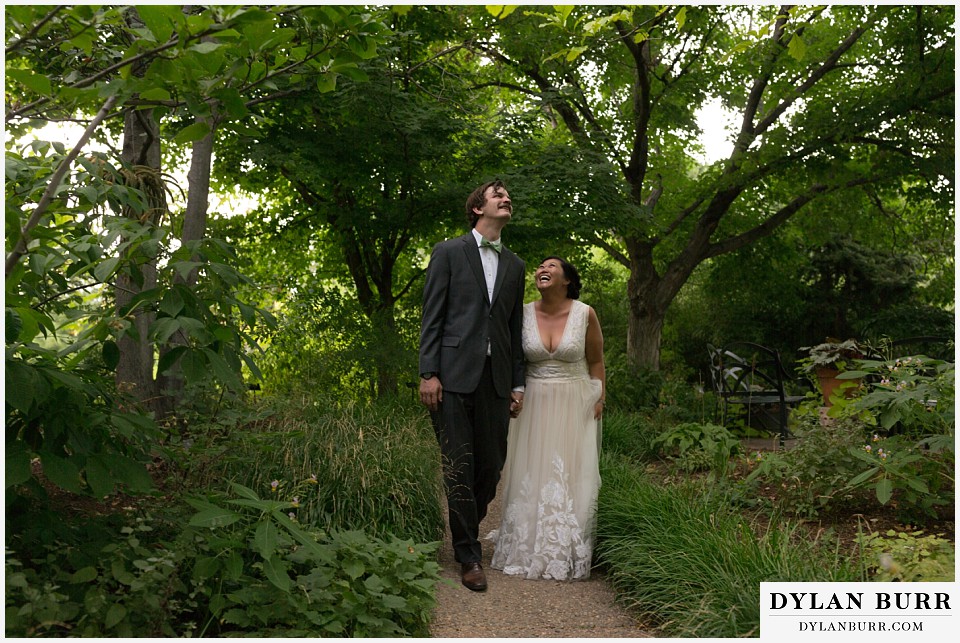 denver botanic gardens wedding colorado woodland mosaic bride groom walking enjoying the day