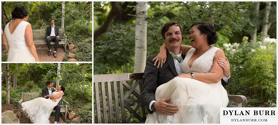 denver botanic gardens wedding colorado woodland mosaic bride groom being goofy on a bench together