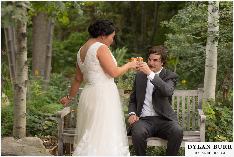 denver botanic gardens wedding colorado woodland mosaic bride groom toast with ska brewering beer