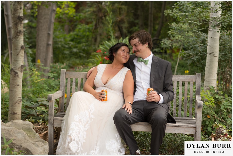 denver botanic gardens wedding colorado woodland mosaic bride groom relax and enjoy a beer together