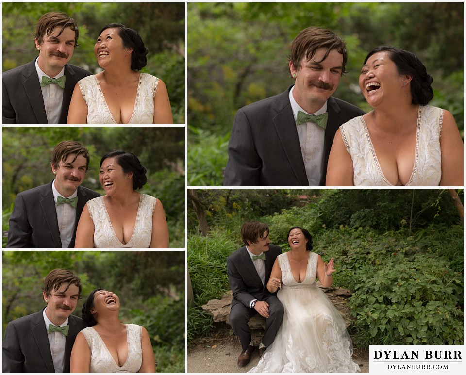 denver botanic gardens wedding colorado woodland mosaic bride groom laughing together