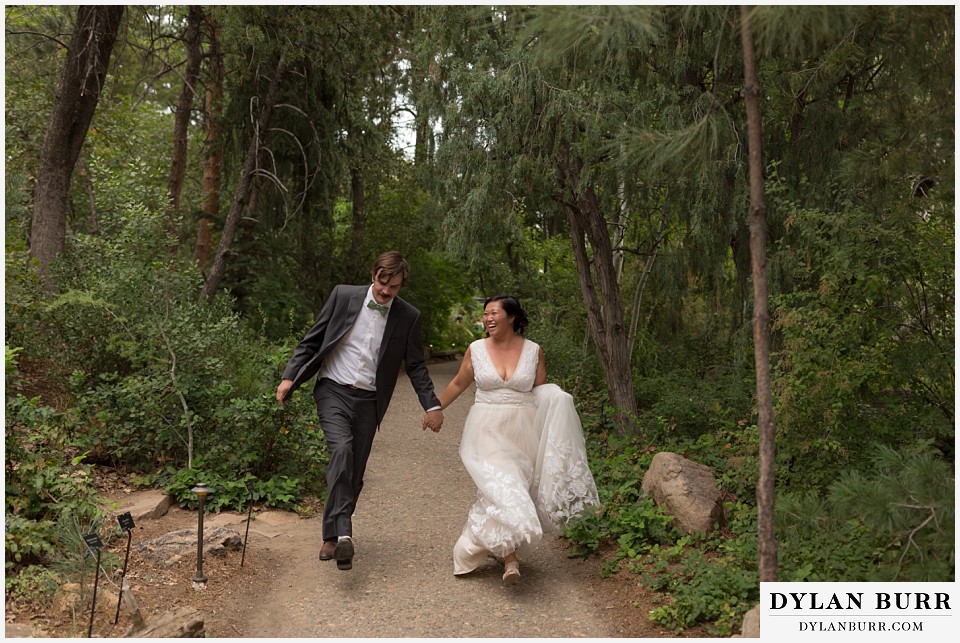 denver botanic gardens wedding colorado woodland mosaic bride groom running together