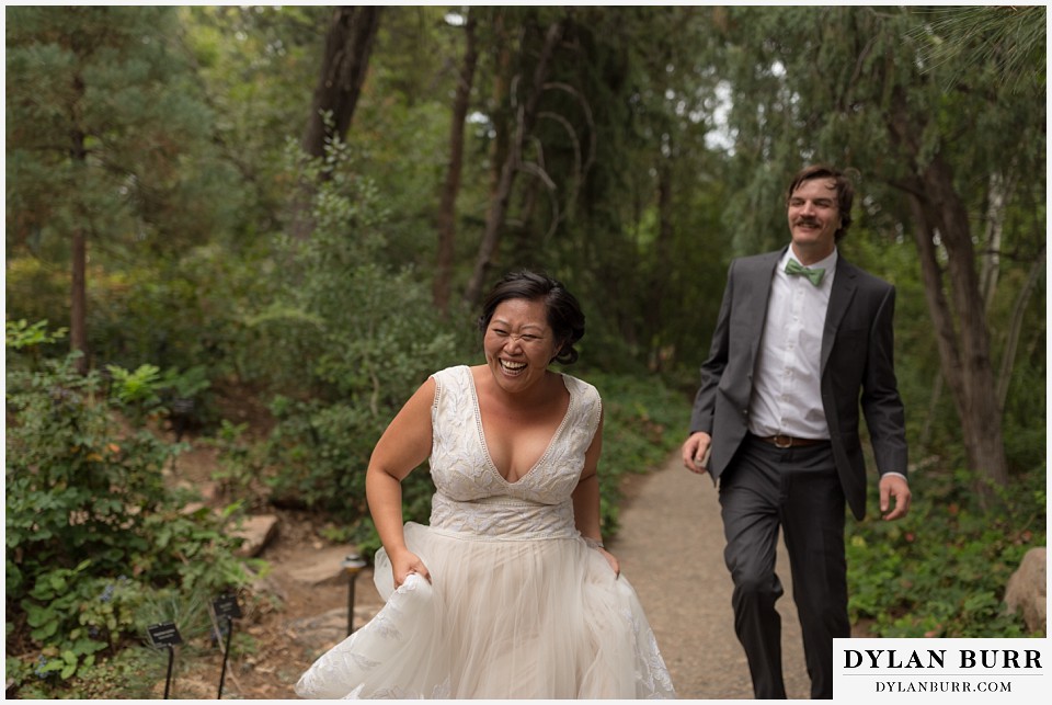 denver botanic gardens wedding colorado woodland mosaic bride groom laughing and being playful