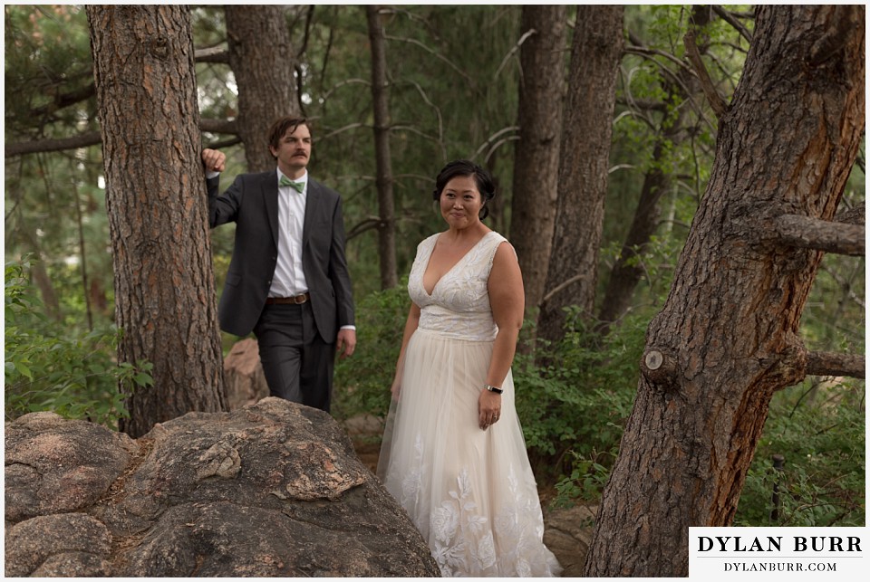 denver botanic gardens wedding colorado woodland mosaic bride groom standing in pine trees