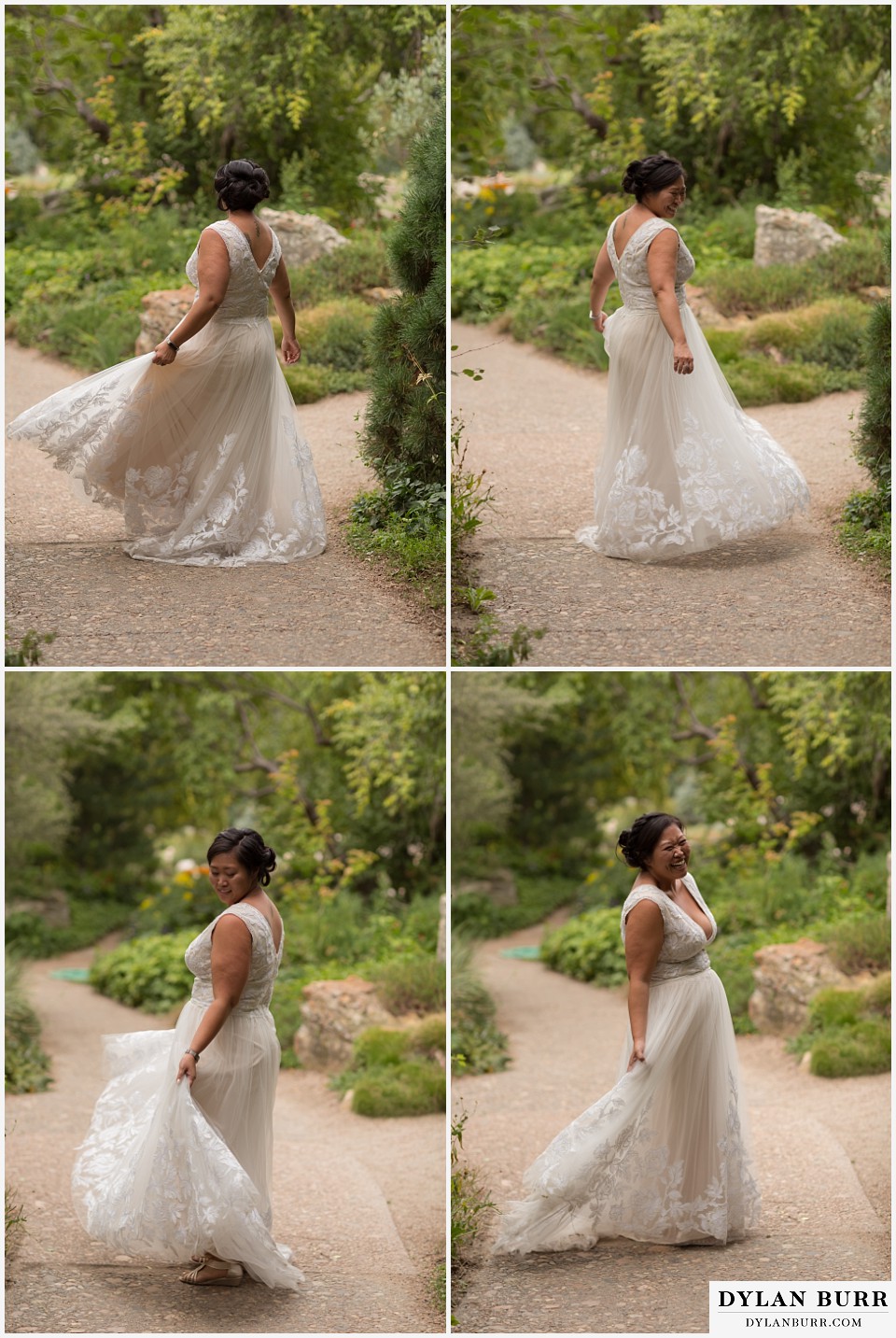 denver botanic gardens wedding colorado woodland mosaic bride spinning in her wedding dress