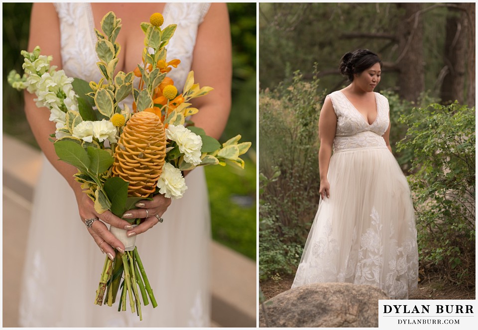 denver botanic gardens wedding colorado woodland mosaic bride in woods with wedding bouquet with beehive ginger