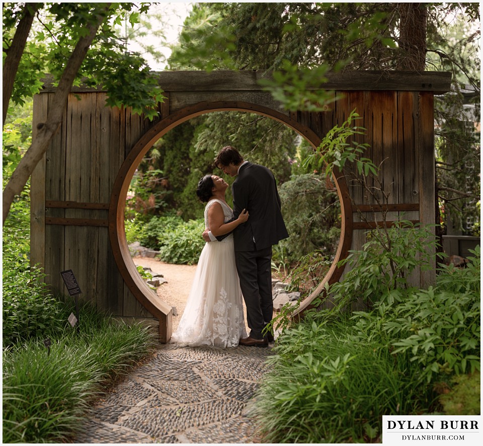 denver botanic gardens wedding colorado woodland mosaic bride groom in archway in June's PlantAsia