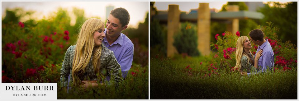 beautiful engagement photos in rose garden downtown denver
