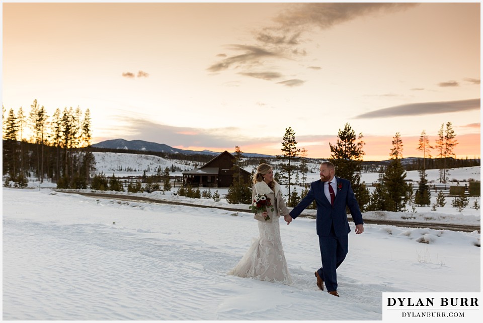 devil's thumb ranch wedding in winter sunset mountains