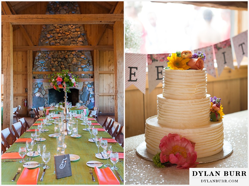 devils thumb ranch wedding table number and large stone fireplace and wedding cake