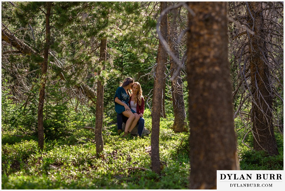 estes park engagement photos couple sitting together in pine trees