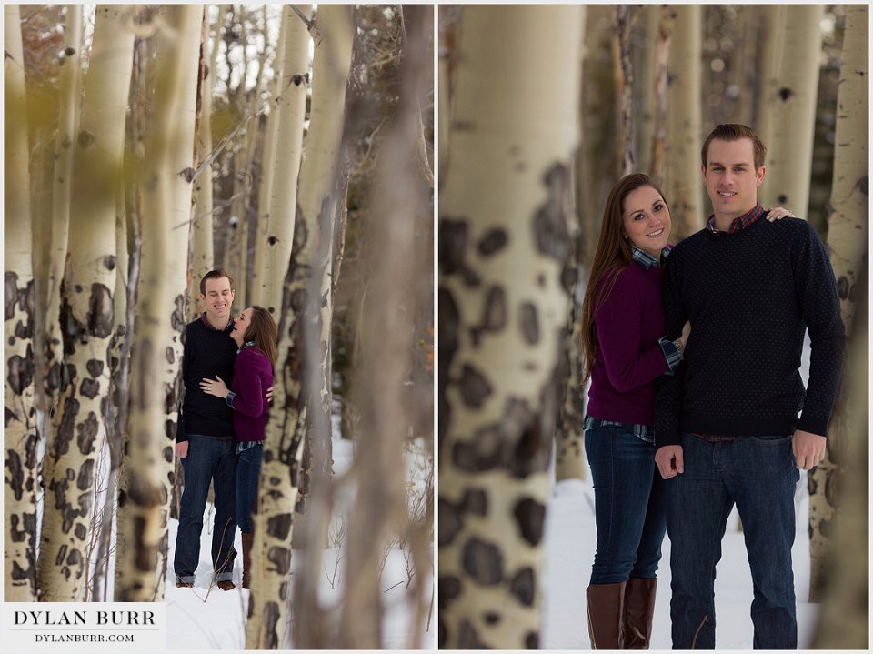 estes park engagement photos with snow in aspen trees