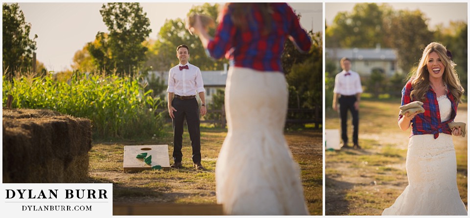 fall anniversary photos bride and groom playing cornhole together