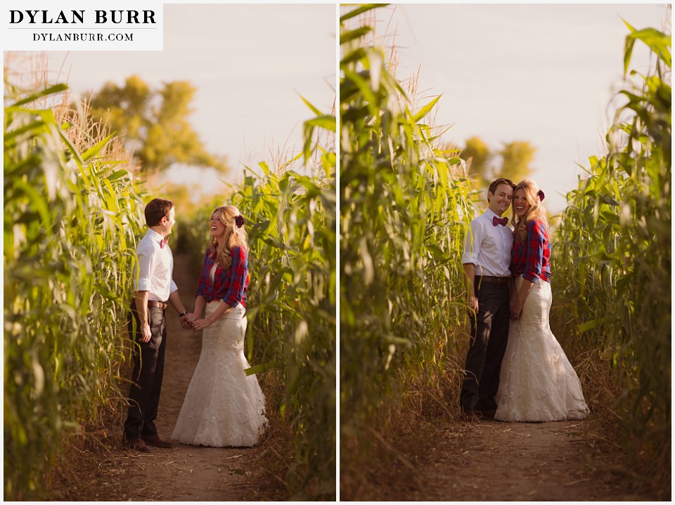 fall anniversary photos bride and groom standing in corn maze