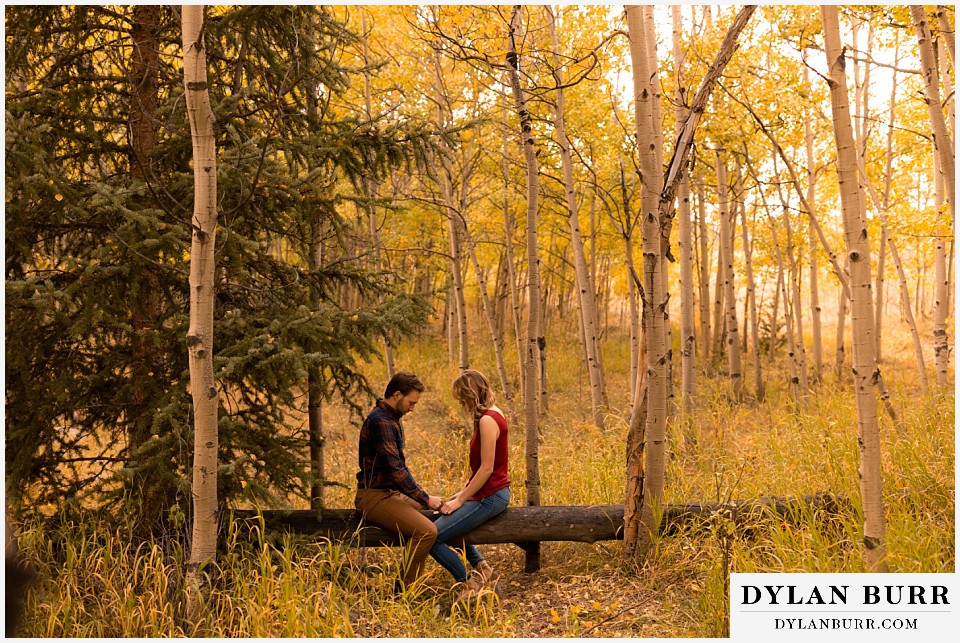 fall engagement photos in colorado couple taking a quiet moment in aspen tree forest