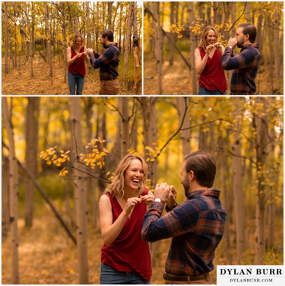 fall engagement photos in colorado couple being goofy and having fun in aspen tree forest