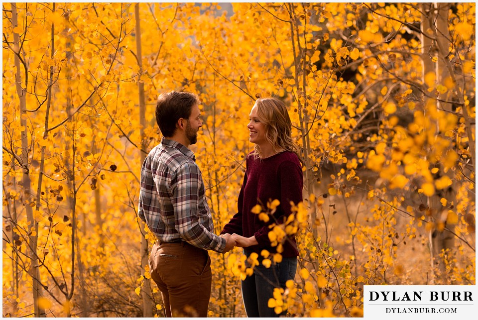 fall engagement photos in colorado couple holdin hands surrounded by yellow aspen trees