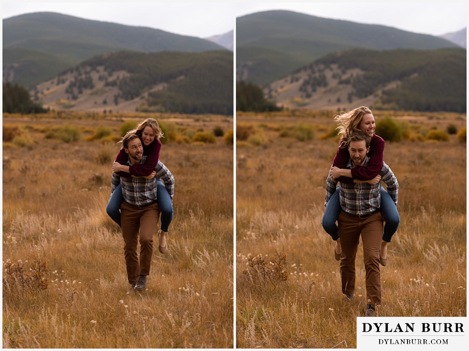 fall engagement photos in colorado couple piggy back rides