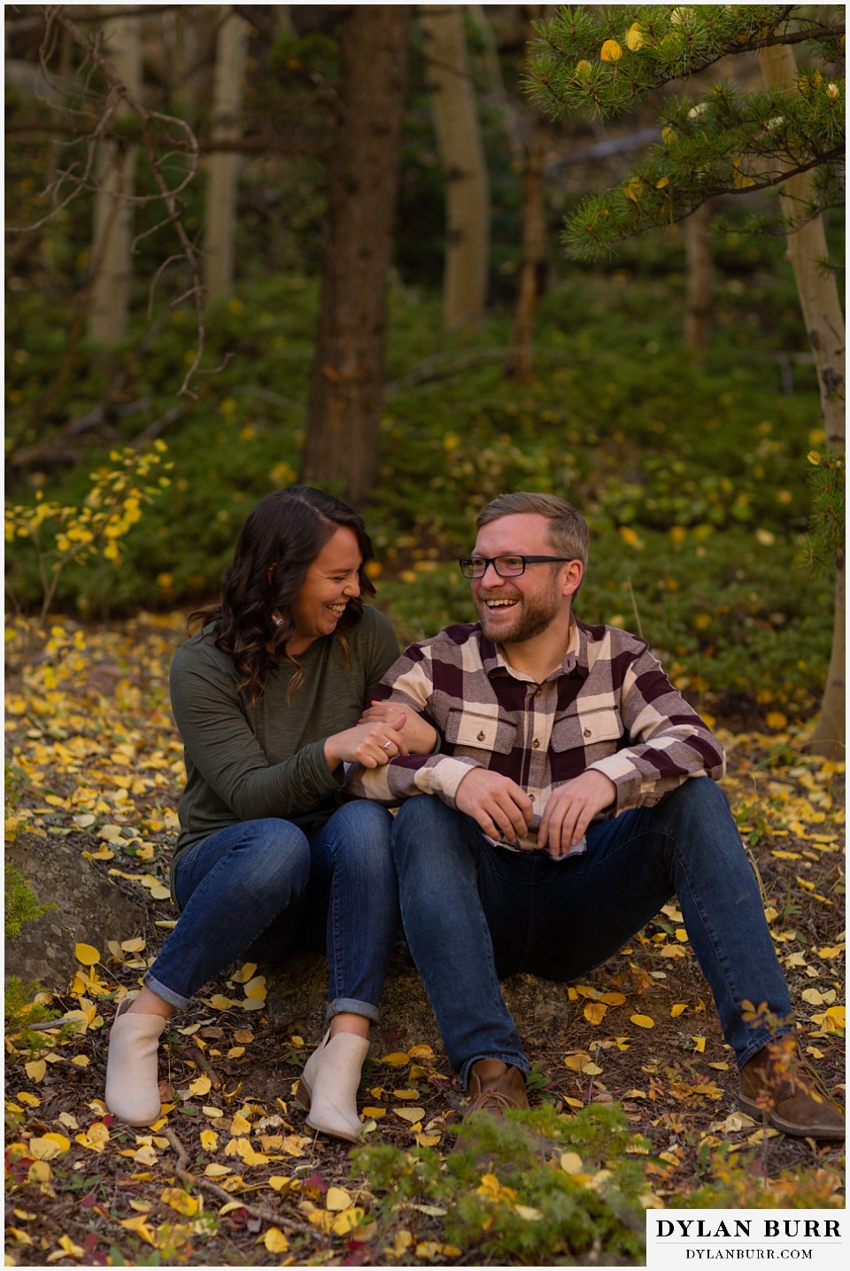 georgetown colorado engagement session couple sitting in yellow aspen leaves laughing