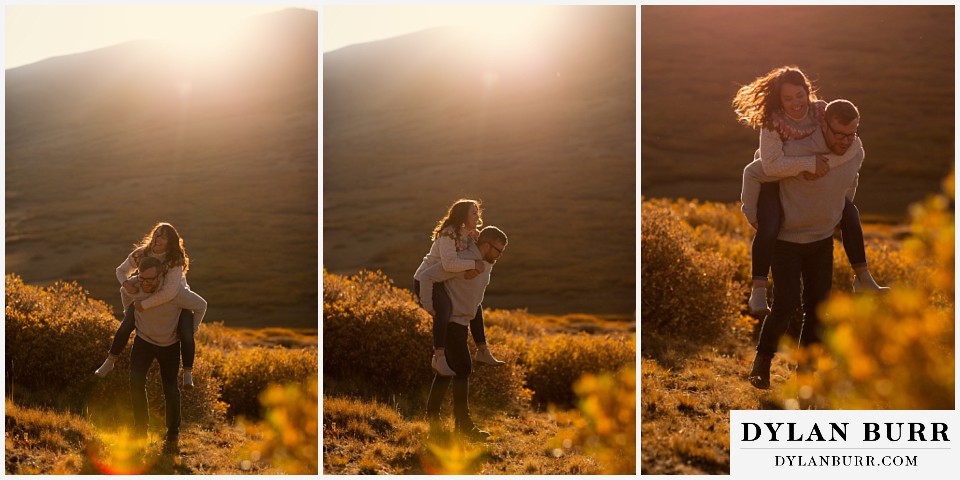 georgetown colorado engagement session couple piggyback rides at sunset