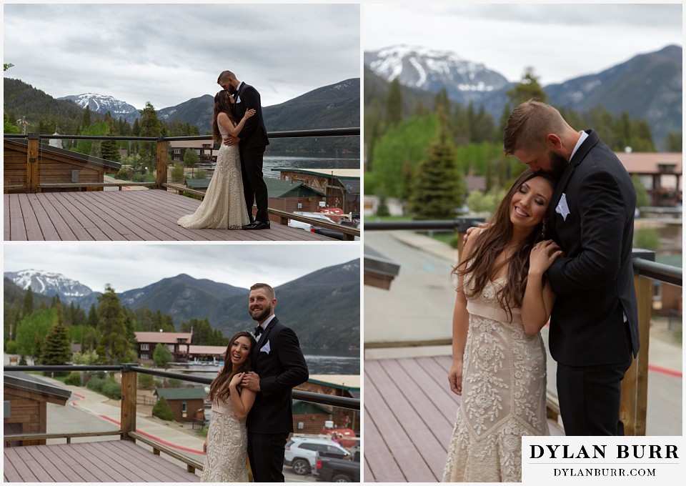 western riviera wedding grand lake colorado mountain wedding bride and groom on patio