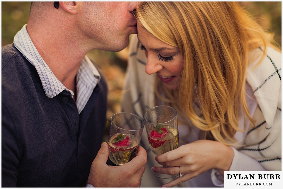 how to prepare for my engagement session couple drinking strawberries in champagne