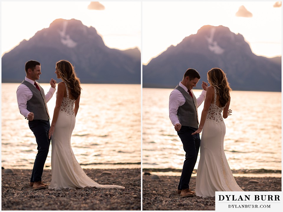jackson lake lodge wedding grand tetons wyoming bride and groom dancing lakeside with mt moran in background at sunset
