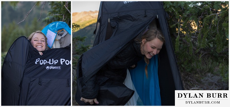 sunrise elopement wedding bride laughing coming out of changing tent