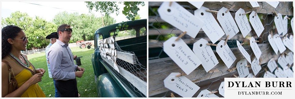 lyons farmette wedding table seating tags on classic truck