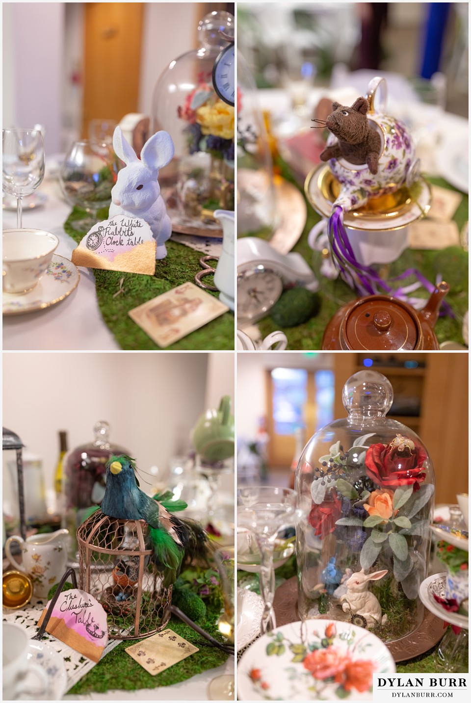maroon bells wedding aspen colorado mountain wedding alice in wonderland theme white rabbit and mouse in teacup cheshire table