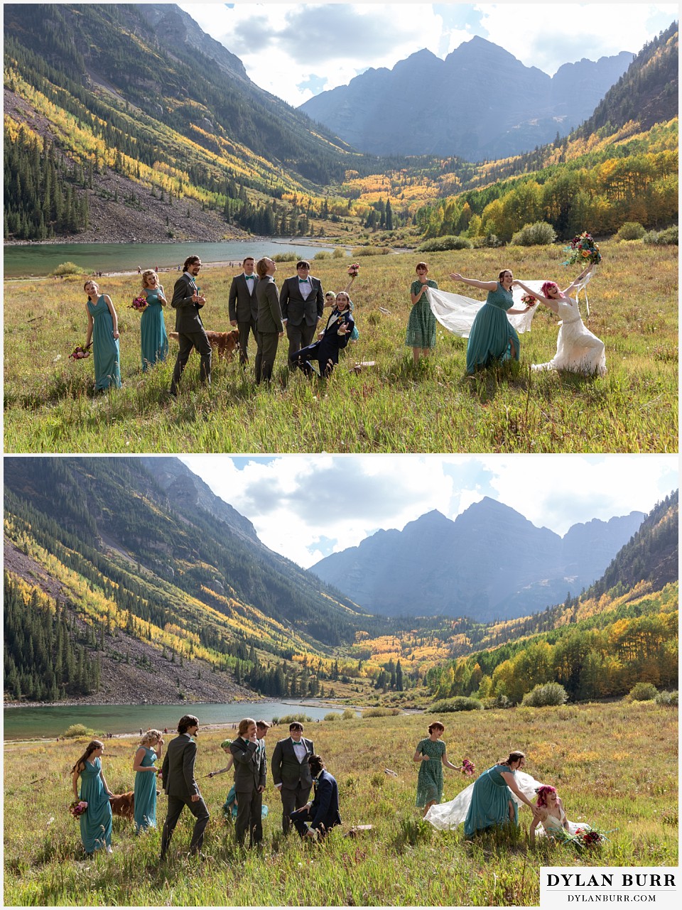 maroon bells wedding aspen colorado mountain wedding goofy bridal party photos