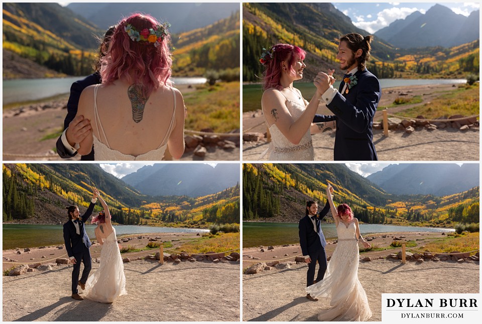 maroon bells wedding aspen colorado mountain wedding bride and groom dancing near lake