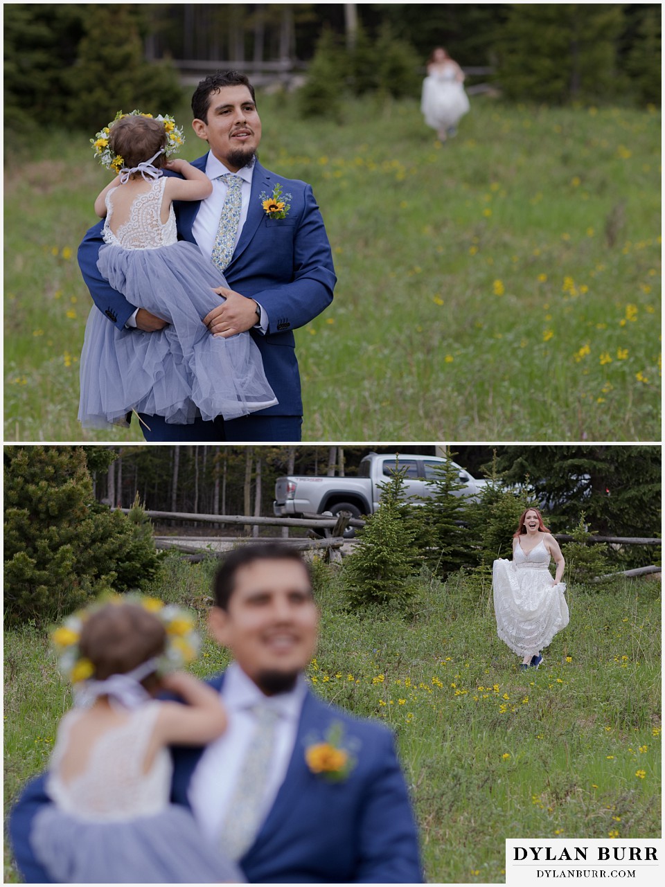 mount blue sky elopement wedding first look in mountain meadow