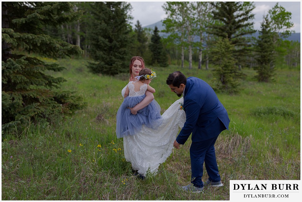 mount blue sky elopement wedding first look with new family