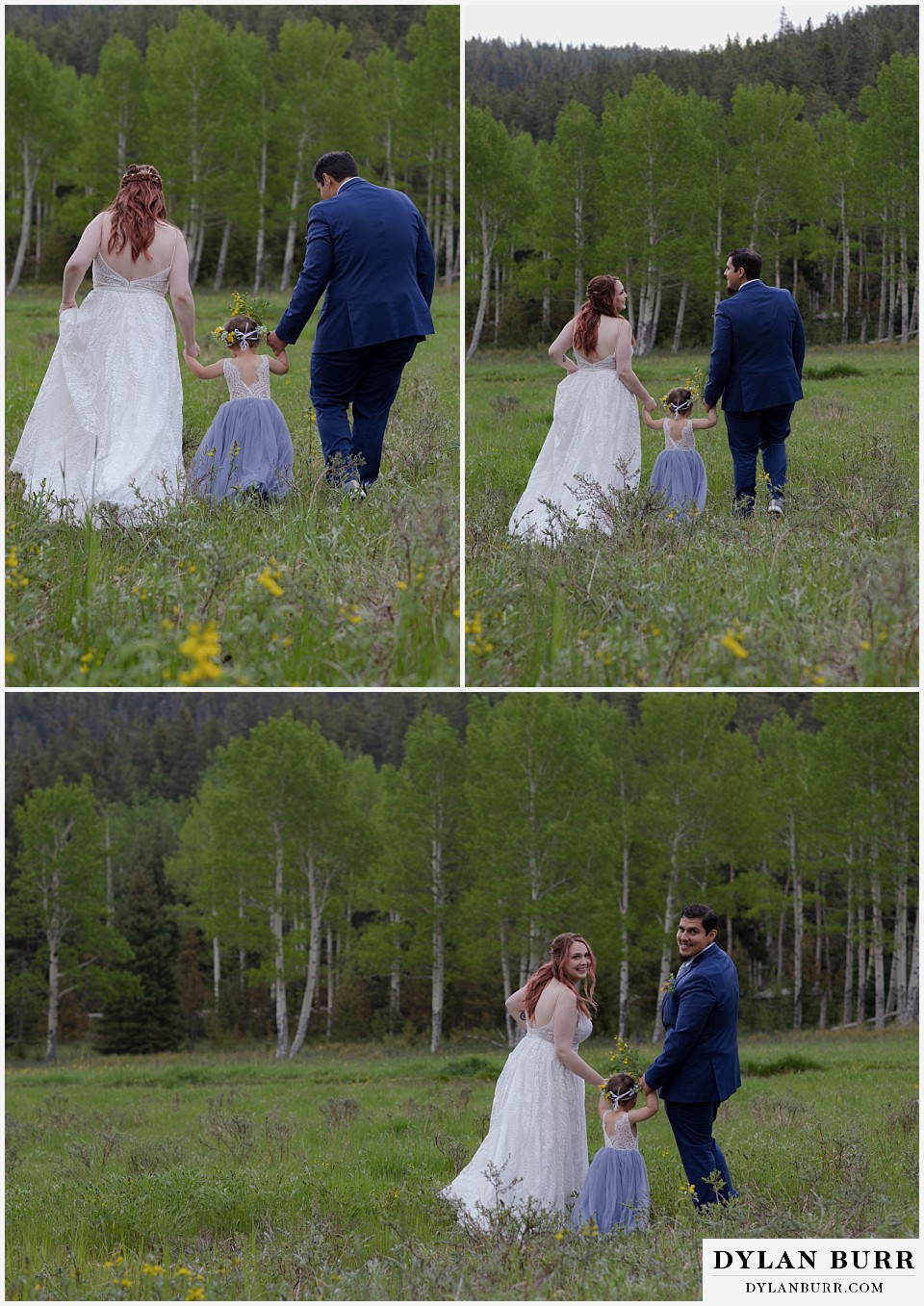 mount blue sky elopement wedding family walking together in aspen grove