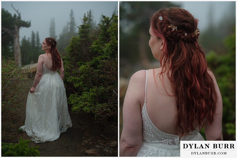 mount blue sky elopement wedding bride in moody mountain fog
