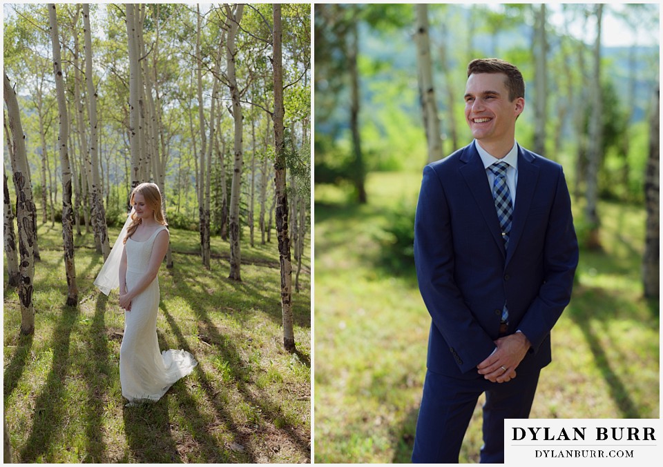 personal mountain home colorado wedding bride and groom solo portraits in trees
