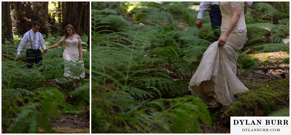 redwood forest wedding elopement avenue of the giants california bride and groom walking tall ferns