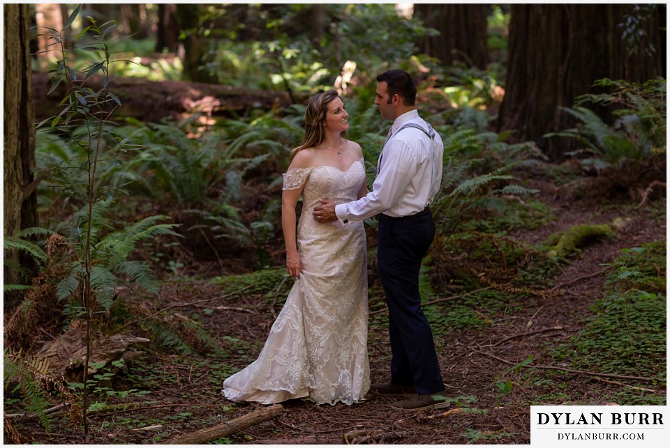 redwood forest wedding elopement avenue of the giants california bride and groom standing near ferns