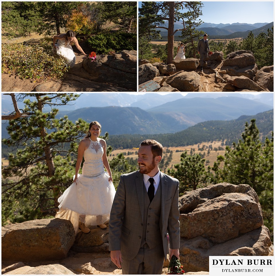 rocky mountain national park elopement wedding couple hiking up hill with cool boots