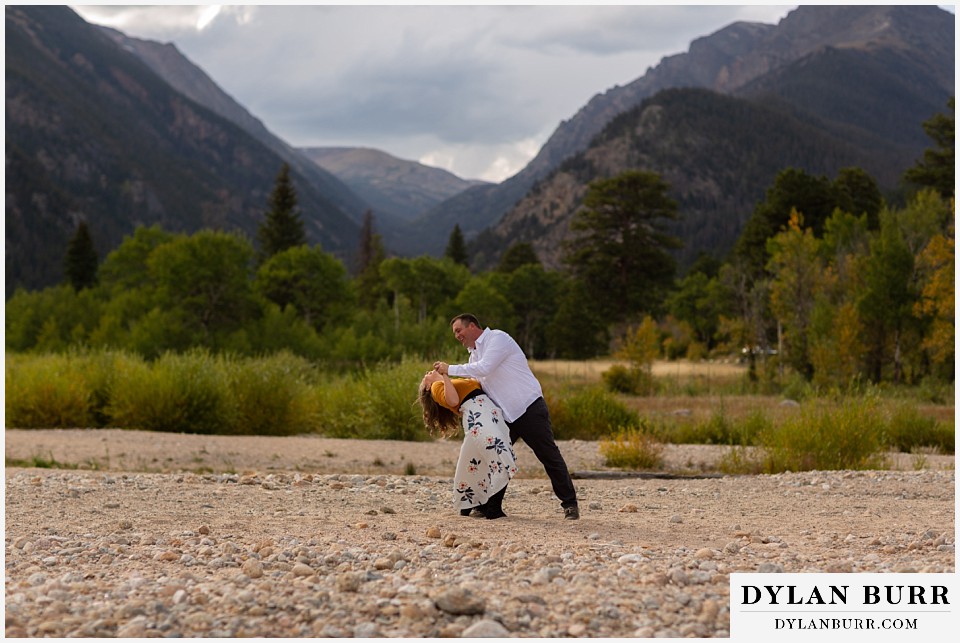 rocky mountain national park elopement wedding groom dips his bride