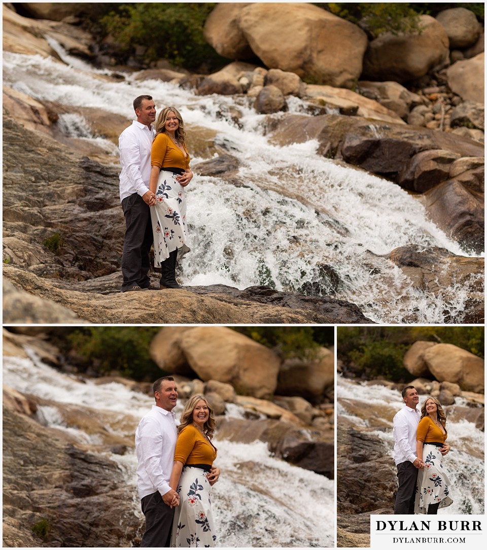 rocky mountain national park elopement wedding couple together in front of waterfall