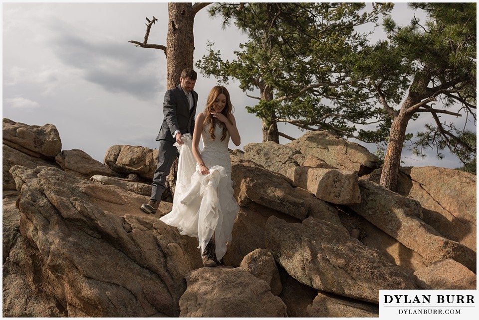 rocky mountain national park elopement wedding rmnp hiking down in wedding dress