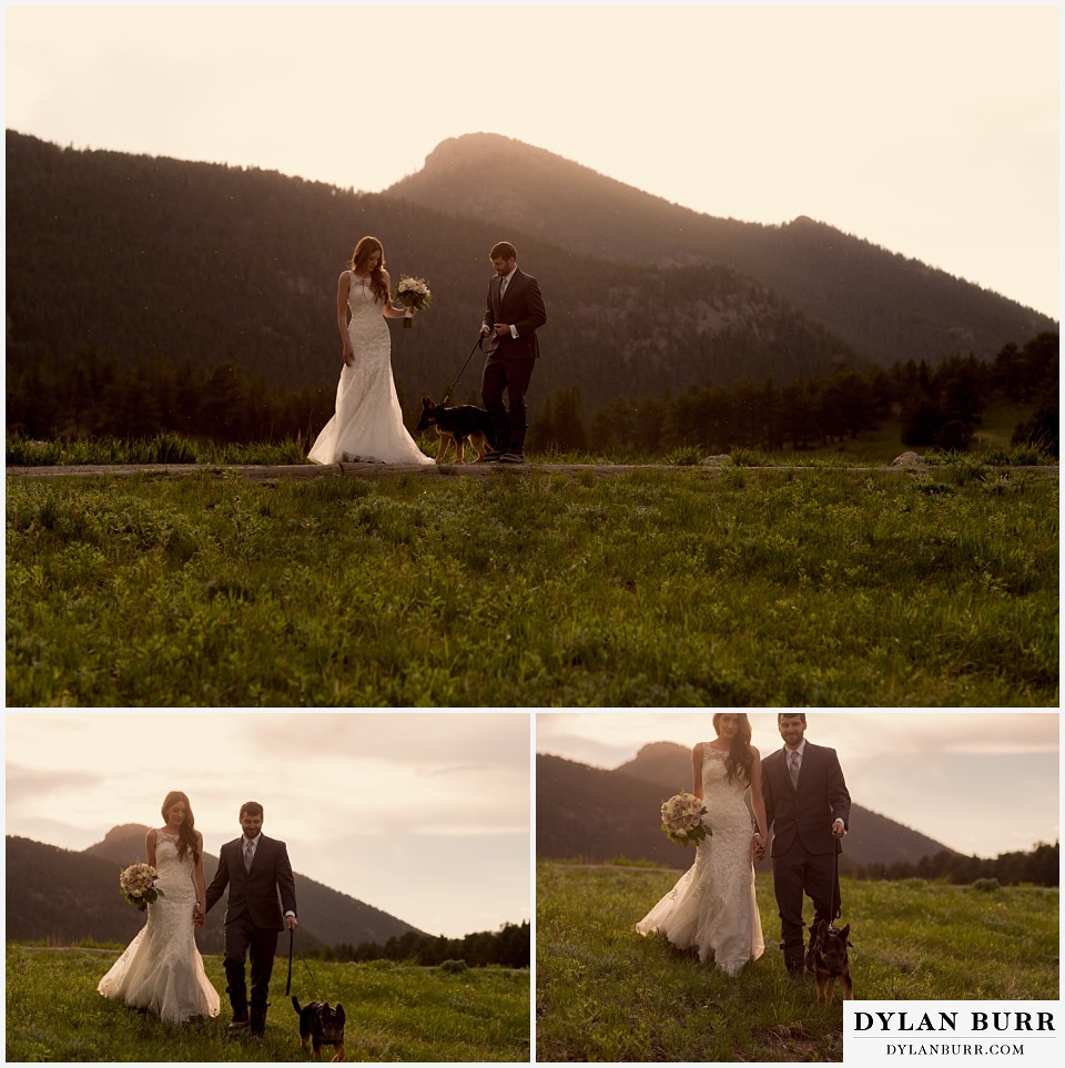 rocky mountain national park elopement wedding rmnp walking at sunset with puppy