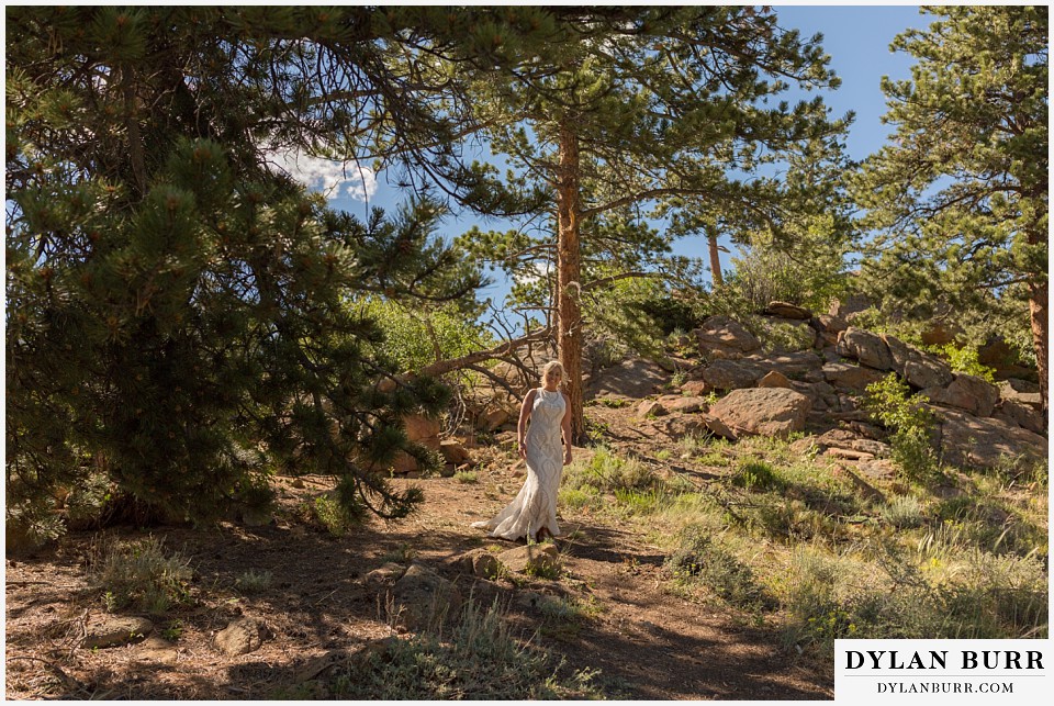 rocky mountain national park wedding elopement walking through the trees to the mountain ceremony